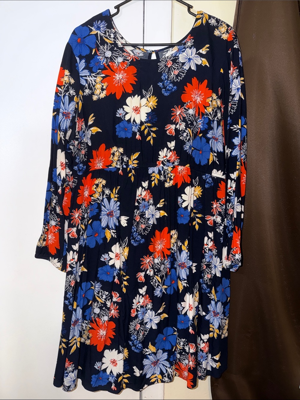 Old Navy Navy Long-Sleeve Floral Dress with Red & Blue Blooms